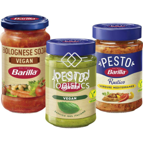 Barilla Pesto Basilico Vegan 195 g und Barilla Bolognese Soja Vegan 195 g und Barilla Pesto Rustico Basilico & Olive 200 g